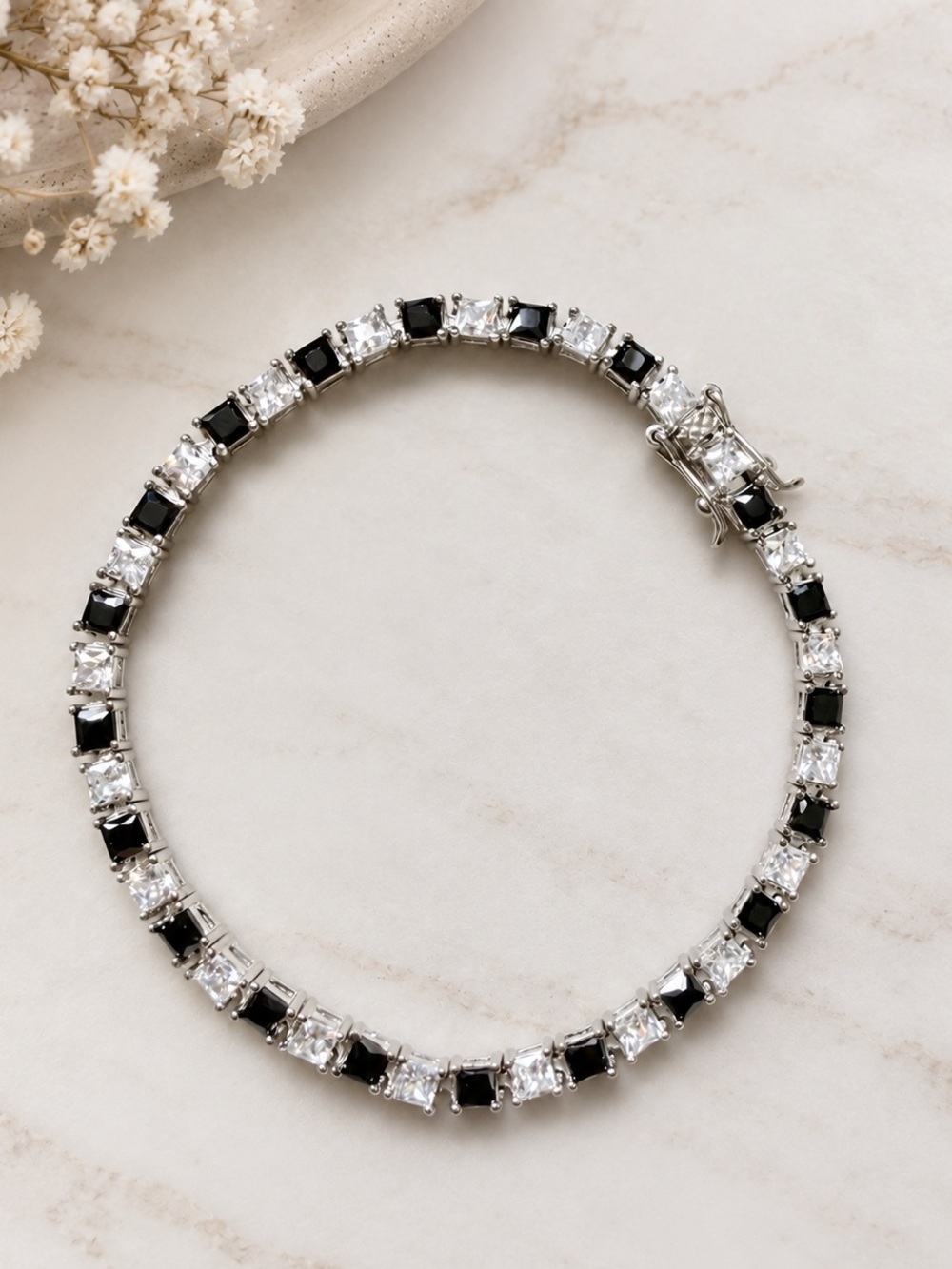 925 Sterling Silver Black & Clear CZ Tennis Bracelet | Excellent Condition